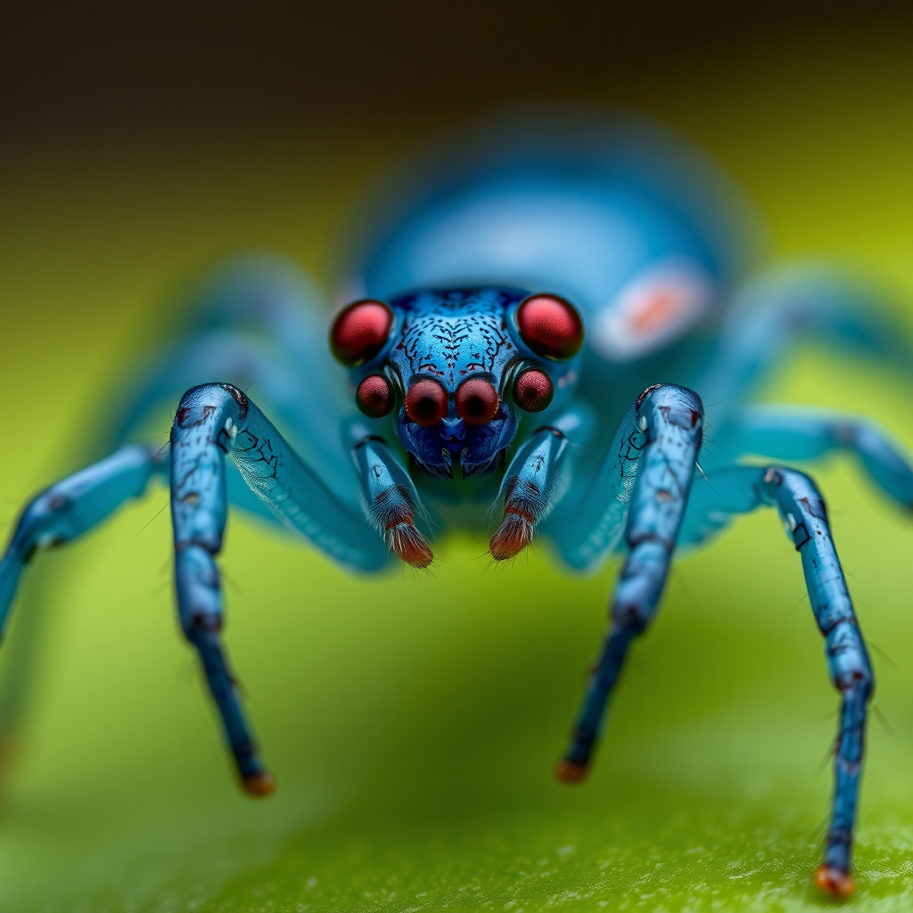 close-up of a stylized blue arachnid with glossy texture and red eyes, soft lighting, high-resolution, 85mm lens, f/2.8, ISO 100, macro photography, DSLR camera, shallow depth of field, smooth gradient background