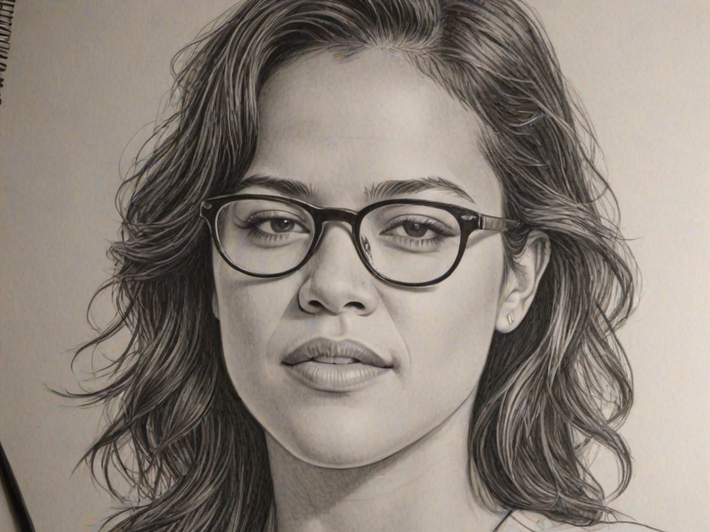 Splendid Michelle Rodriguez, pencil sketch, portrait of Enticing woman 1951s in glasses, hair style beatnik, outline, clear lines, fine lines, 8k