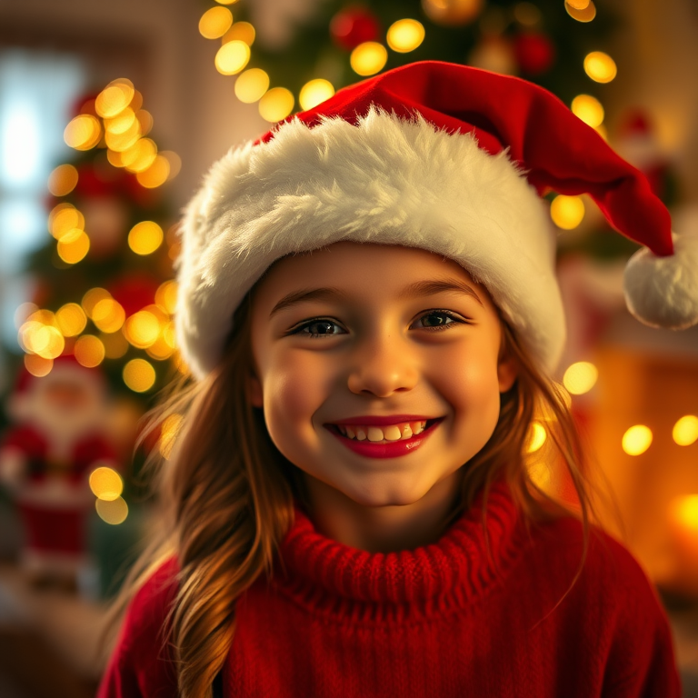 Generate a warm, festive portrait of a smiling girl wearing a Santa hat in a cozy holiday setting with a blurred background of Christmas decorations, camera settings: f/2.8, ISO 200, shutter speed 1/100, camera view: close-up, camera style: soft focus, camera type: DSLR.
