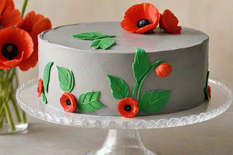 Create a three-tiered cake with a smooth gray finish. Adorn the cake with vibrant red poppy flowers, each with delicate green leaves. Place the cake on a clear, elegant cake stand, and set against a soft, neutral background.