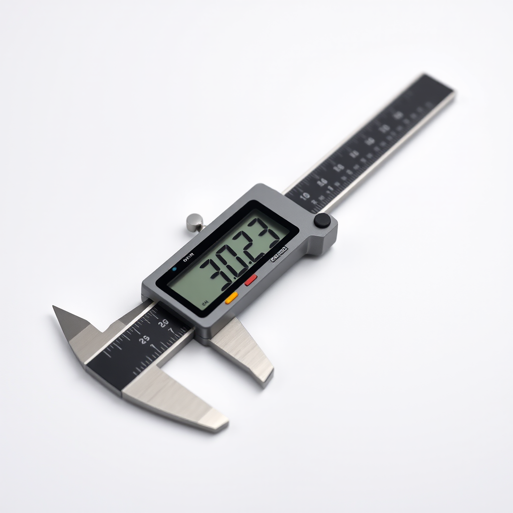 High-resolution image of a digital caliper on a clean white background, macro shot at f/2.8, ISO 100, 1/200s, lens focal length 50mm, shot from a slightly elevated angle to showcase the measurement scale.