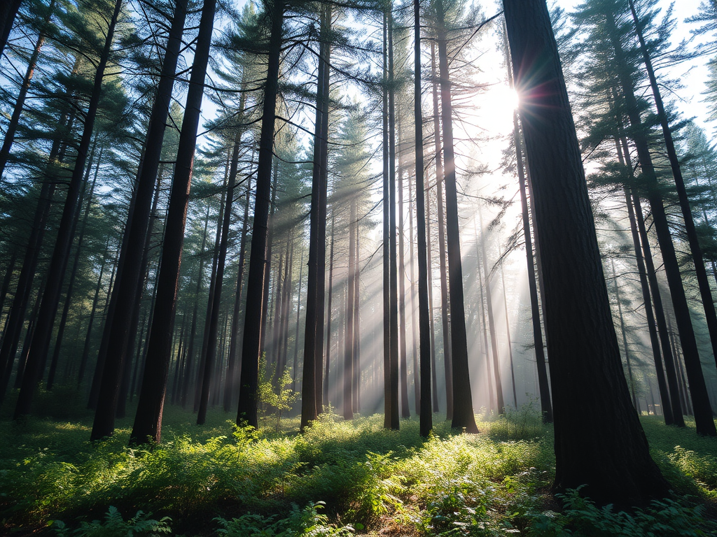forest scene with sunlight filtering through tall trees, soft green foliage, ethereal mist, captured with a DSLR camera, f/2.8 aperture, 1/125 sec shutter speed, ISO 200, wide-angle lens, natural lighting, high dynamic range.