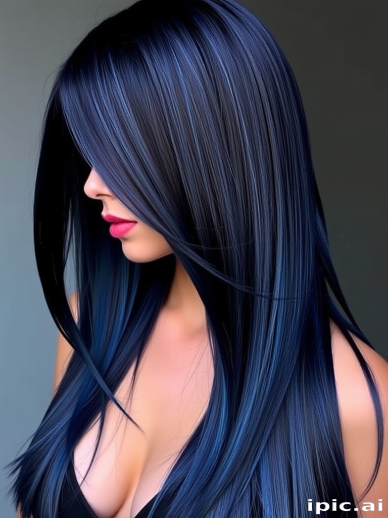 Enigmatic silhouette features Midnight Sapphire long hair, deep navy blue base with subtle lighter blue highlights, styled in sleek straight strands with an ultra-shiny finish