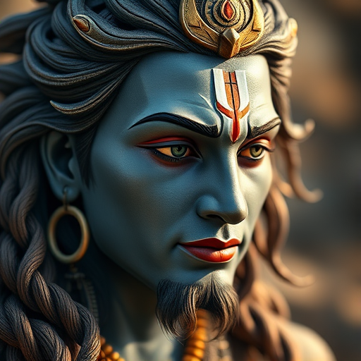 Create a high-resolution artistic rendering of a stylized portrait of Lord Shiva with intricate details, using a Canon EOS 5D Mark IV, 50mm lens, f/1.8 aperture, ISO 100, natural light, shallow depth of field, and soft focus background for enhanced image quality.