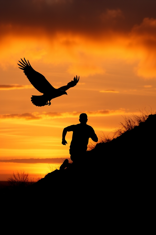 generate a silhouette image of a person running up a hill with an eagle flying overhead at sunset with vibrant orange and yellow hues in the sky, DSLR camera settings at f/8, ISO 100, 1/250 sec, captured from a low angle view to emphasize the height of the hill and the dynamic motion of the runner.