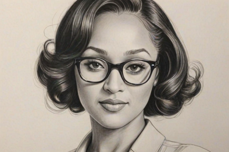 Alluring Tamera Mowry-Housley, pencil sketch, portrait of Alluring woman 1949s in glasses, hair style beatnik, outline, clear lines, fine lines, 8k