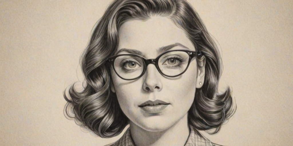Enchanting Rachel Bloom, pencil sketch, portrait of Resplendent woman 1946s in glasses, hair style beatnik, outline, clear lines, fine lines, 8k