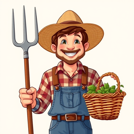Create an illustration of a smiling farmer holding a pitchfork in one hand and a basket in the other, set against a soft, neutral background, with vibrant colors and detailed textures, use a DSLR camera with a 50mm lens at f/1.8, ISO 100, shutter speed 1/200s, portrait view for enhanced image quality.