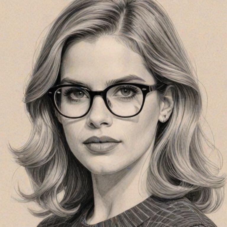 Attractive Anna Chlumsky, pencil sketch, portrait of Dazzling woman 1962s in glasses, hair style beatnik, outline, clear lines, fine lines, 8k