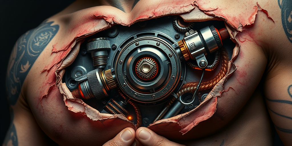 Realistic 3D biomechanical tattoo revealing cybernetic enhancements beneath torn skin, incorporating hyperrealistic textures and metallic sheen for a stunning trompe l'oeil effect