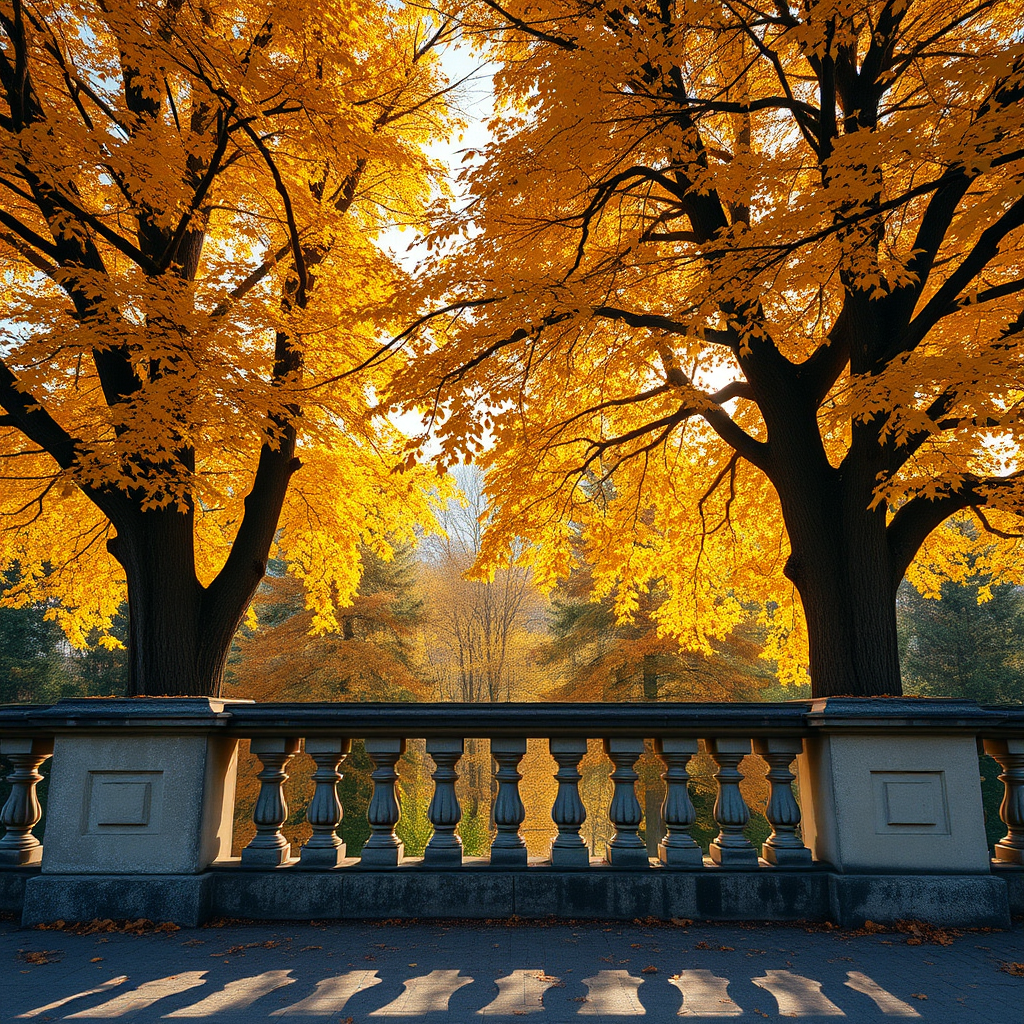 Capture a serene autumn scene featuring two large trees with vibrant golden leaves framing a rustic stone balustrade, glowing sunlight filtering through the foliage, shot with a Canon EOS R5, 24mm lens, f/8 aperture, ISO 100, 1/250 sec shutter speed, HDR style for enhanced dynamic range.