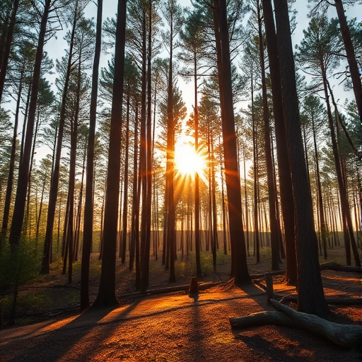 Generate a high-resolution image of a tranquil forest scene during golden hour with soft sunlight filtering through the trees, using a DSLR camera with a 50mm lens, aperture set at f/2.8, ISO 200, and a shutter speed of 1/200s, capturing a wide-angle view to emphasize depth and detail.