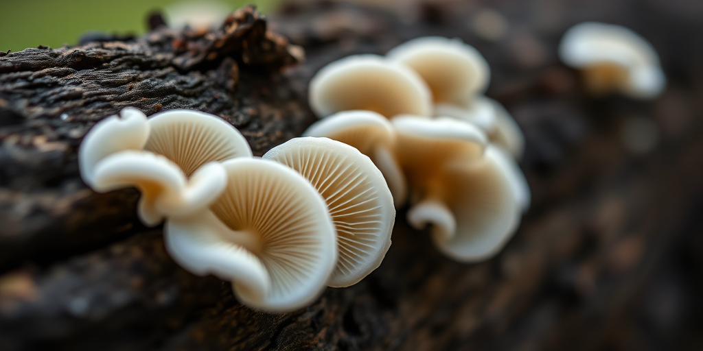 Close-up of white mushrooms growing on a log, shallow depth of field, soft natural lighting, ISO 200, f/2.8, 1/100s, macro lens, DSLR camera, focus on the gills for intricate details.