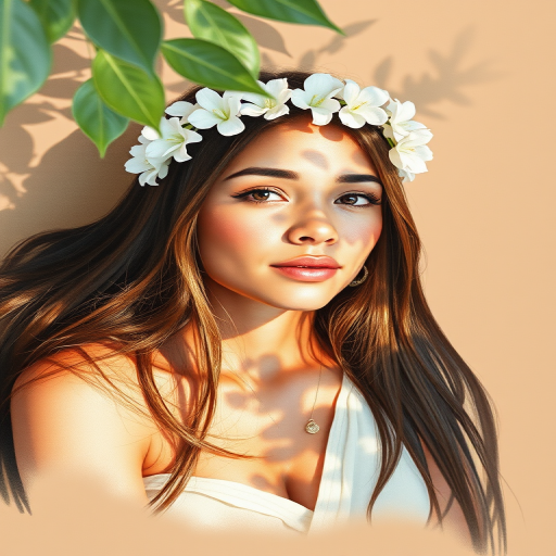 create a watercolor painting of an ethereal portrait of beautiful Guarani woman with a simple white flower crown on her head. Her hair is long and she is lying on the ground. The sunlight on the trees casts shadows from the leaves on her face and body. The background is a neutral brown color that matches her skin tone. The image is minimalist and solid colors. This style is characterized by soft, delicate brushstrokes and a light, airy, contrasting color palette. High level of detail and play of light
