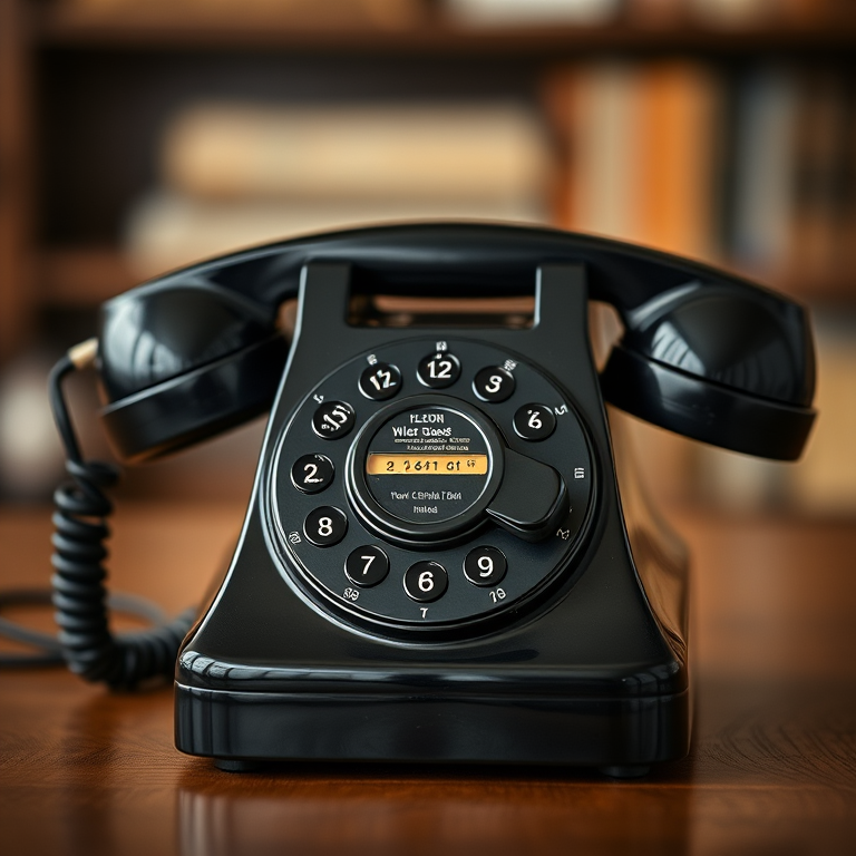 Create a high-resolution image of a vintage black rotary phone with a shiny finish, centered and well-lit, using a DSLR camera, 50mm lens, f/2.8 aperture, ISO 100, and a shallow depth of field to blur the background.