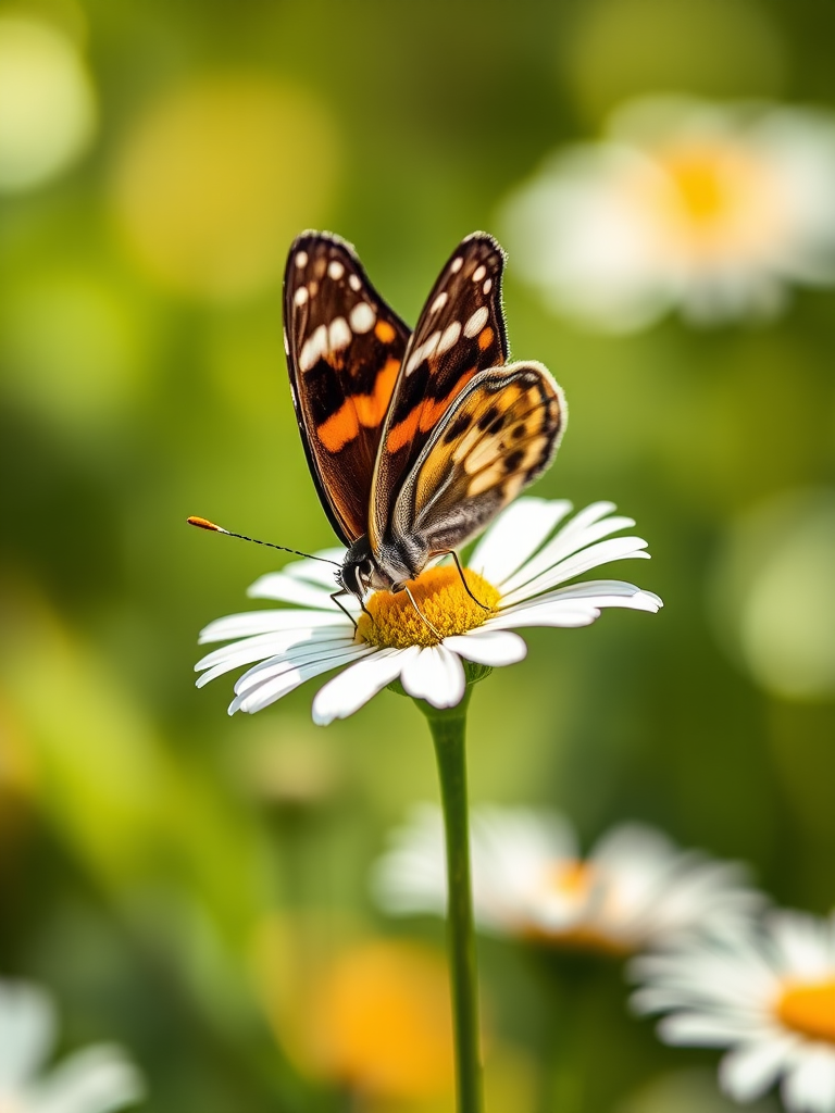 macro shot of a butterfly perched on a daisy flower, soft focus background, f/2.8 aperture, 1/250 sec shutter speed, ISO 200, 50mm lens, natural lighting, shallow depth of field, DSLR camera