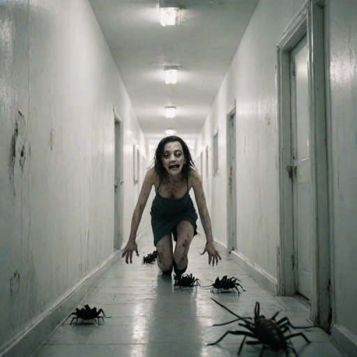 a crooked female with long arms and a creepy smile is crawling along a long white corridor and you can also see cockroaches in it there is a creepy atmosphere creepy art style