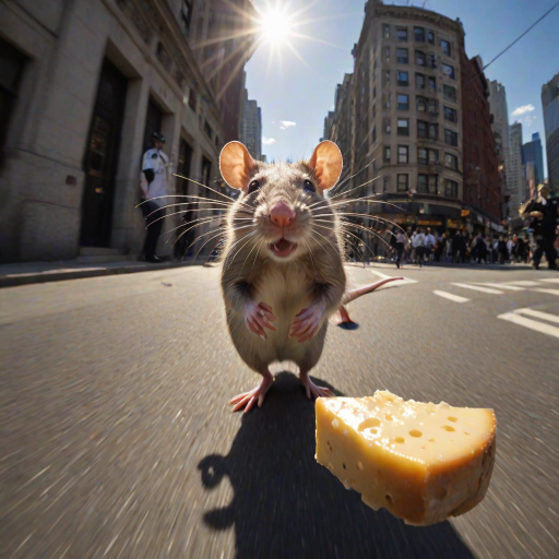 rat holding cheese is (running:1.05) to the viewer, (motion blur:1.1), (police running:1.2), (dynamic:1.1), sun rays, newyork, (taken by go pro:1.3), (taken by 7.5mm fisheye lens:1.1)