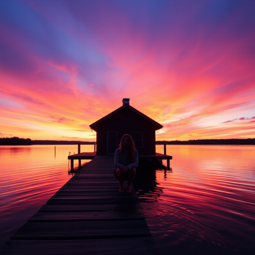 Quiet lakeside cabin at sunset, a woman sits on the dock, dipping her toes in the water, as the sky turns a brilliant shade of orange and purple, reflecting off the lake's surface.