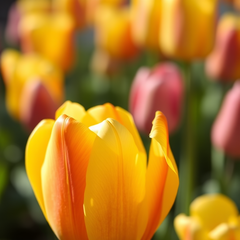 capture a close-up of a yellow and orange tulip with a blurred background of other tulips, use a DSLR camera, 50mm lens, aperture f/2.8, ISO 100, shutter speed 1/200, natural lighting for enhanced color and detail