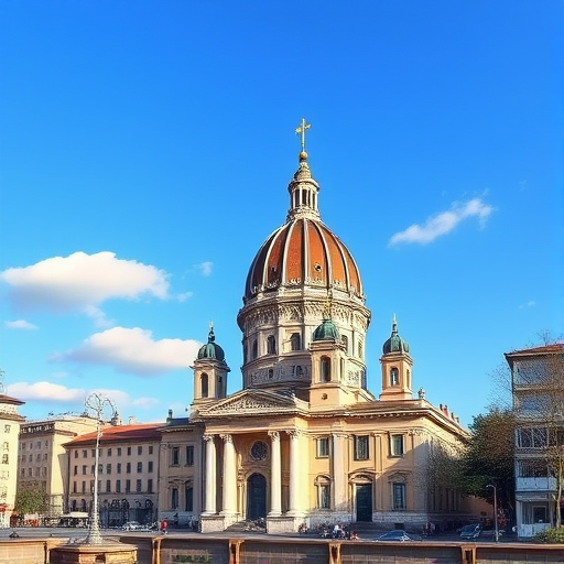 Generate a high-resolution vector illustration of a city skyline featuring the Mole Antonelliana in Turin, Italy, from a low angle view with clear blue skies and gentle clouds, using a 50mm lens, f/8 aperture, ISO 100, and a DSLR camera to enhance detail and color vibrancy.