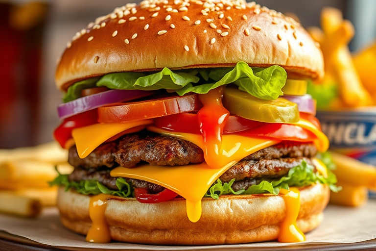 High-resolution, close-up image of a gourmet double cheeseburger. The burger features a glossy, sesame-seed-topped brioche bun. Inside, there are two thick, juicy beef patties, each topped with melted cheddar cheese. The burger is garnished with fresh lettuce, tomato slices, diced onions, and pickles. A generous amount of ketchup and a creamy, orange-colored sauce is dripping down the sides, adding to the mouth-watering appeal. In the background, there are blurred elements including a side of golden French fries and a hint of a beverage, enhancing the overall presentation of a delicious meal.