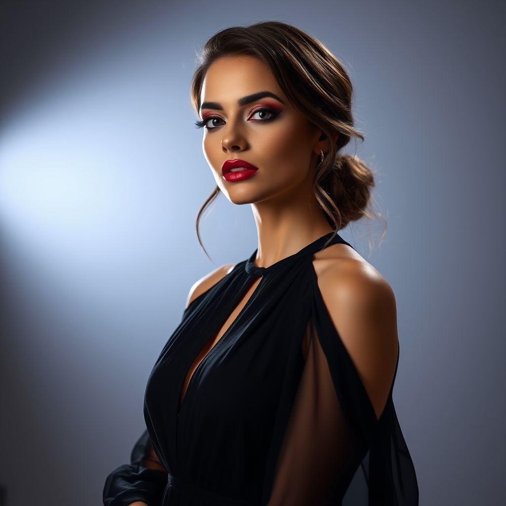 Studio portrait, female model, elegant couture dress, bold makeup, dramatic lighting, Utilize a 50mm portrait lens for crisp details and a soft background blur, 8k