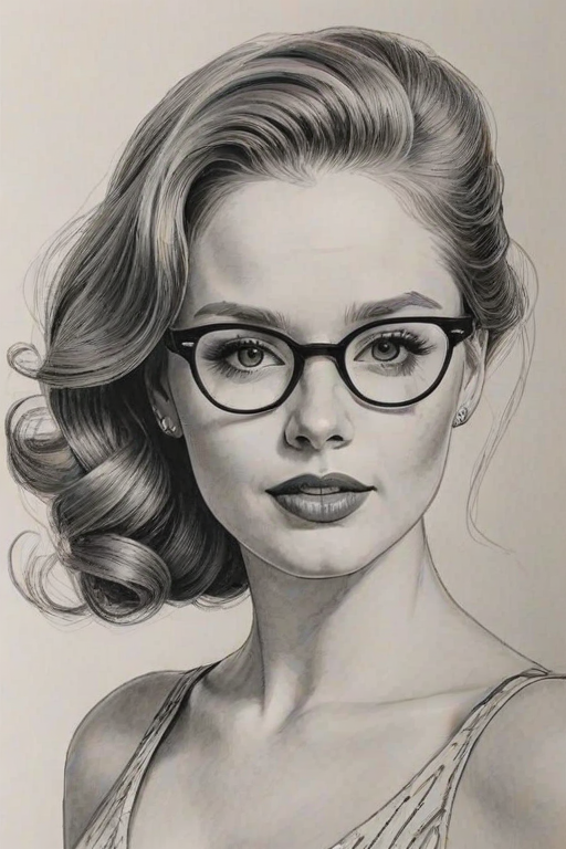 Fascinating Madelaine Petsch, pencil sketch, portrait of Alluring woman 1955s in glasses, hair style beatnik, outline, clear lines, fine lines, 8k