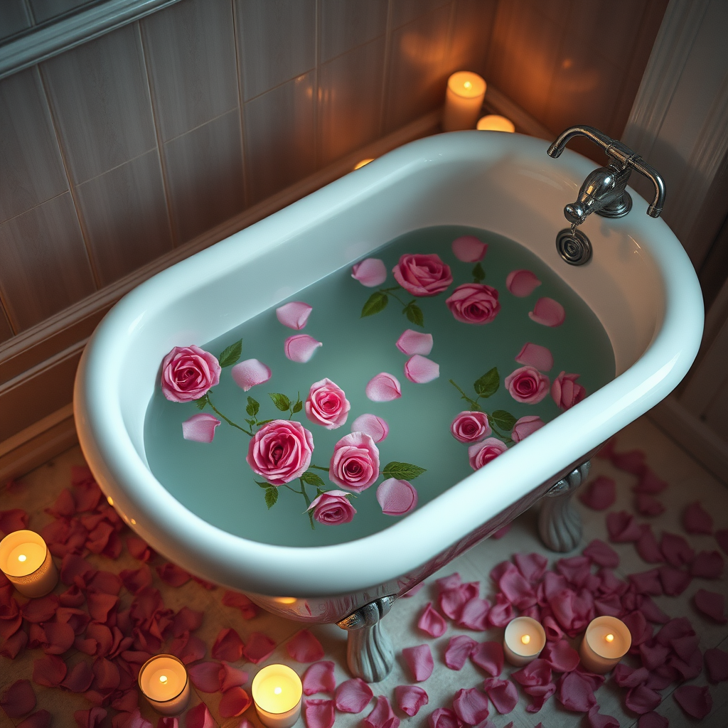Create a serene, high-quality image of a vintage bathtub filled with water and floating pink and purple roses, surrounded by scattered rose petals and soft glowing candles, using a DSLR camera with a 50mm lens, f/1.8 aperture, ISO 200, and a warm, diffused lighting setup for a romantic atmosphere.