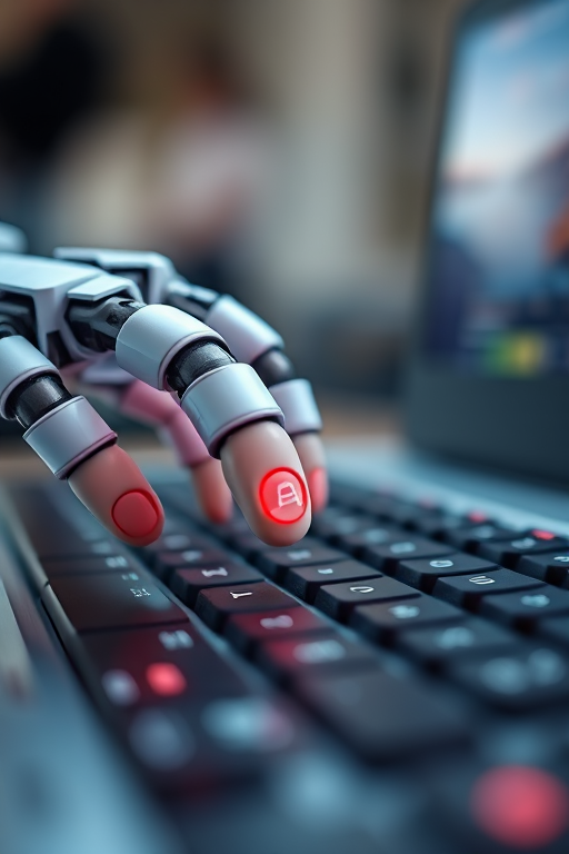 Create a close-up shot of a robotic hand poised to press a red key on a modern keyboard, set with a shallow depth of field, using a DSLR camera at f/2.8, ISO 100, shutter speed 1/250s, natural lighting, and a macro lens for enhanced detail.