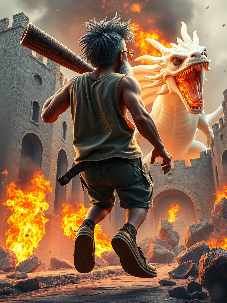 Cartoon 3D High-Resolution,dynamic battle scene using Unreal Engine 5 and Octane Render. The scene features back of an elderly, thai man with a beard,messy hair and round golden-rimmed glasses. He is wearing a tattered tank top with soot marks, shorts, and sandals. sweating. he wields a baseball bat. He jump to fight with a white fire-breathing Europe dragon amidst a partially destroyed stone castle. Include intense flames, smoke, and debris to enhance the dramatic effect.