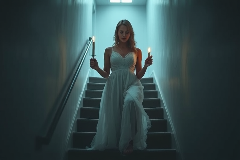 create an ethereal image of a ghostly woman in a vintage white dress holding a candle while ascending dimly lit stairs, captured with a Canon EOS R5, 50mm lens, f/1.8 aperture, ISO 200, 1/60s shutter speed, soft focus, low light ambiance, and a slightly blurred background for a mysterious effect