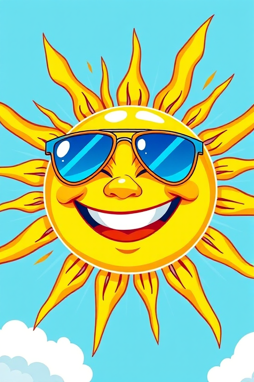 Create a vibrant illustration of a smiling sun wearing blue sunglasses, with radiating sun rays, using a digital art style in high resolution, shot with a Canon EOS R5 at f/8, 1/250s shutter speed, ISO 100, and a wide-angle lens to capture the brightness and details.