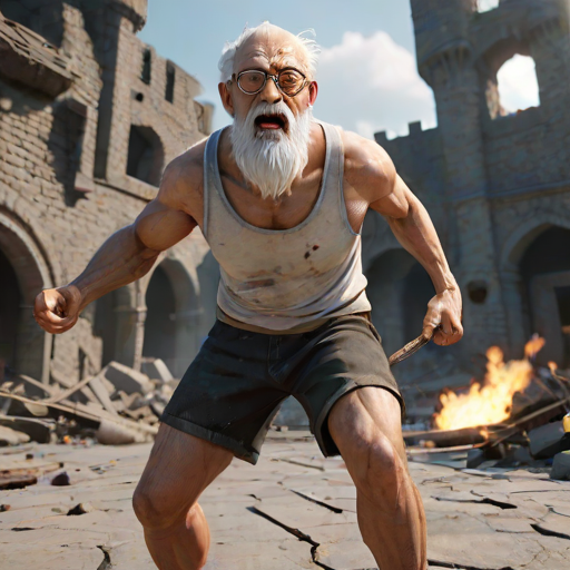Cartoon 3D High-Resolution,dynamic battle scene using Unreal Engine 5 and Octane Render. The scene features back of an elderly, thai man with a beard,messy hair and round golden-rimmed glasses. He is wearing a tattered tank top with soot marks, shorts, and sandals. sweating. he wields a baseball bat. He jump to fight with a white fire-breathing Europe dragon amidst a partially destroyed stone castle. Include intense flames, smoke, and debris to enhance the dramatic effect.