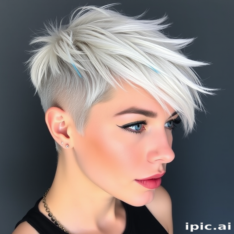 Striking platinum blonde pixie cut with edgy electric blue tips, Ice Queen Rebel design, showcasing razor-sharp layers and asymmetrical fringe, textured for maximum impact and effortless cool