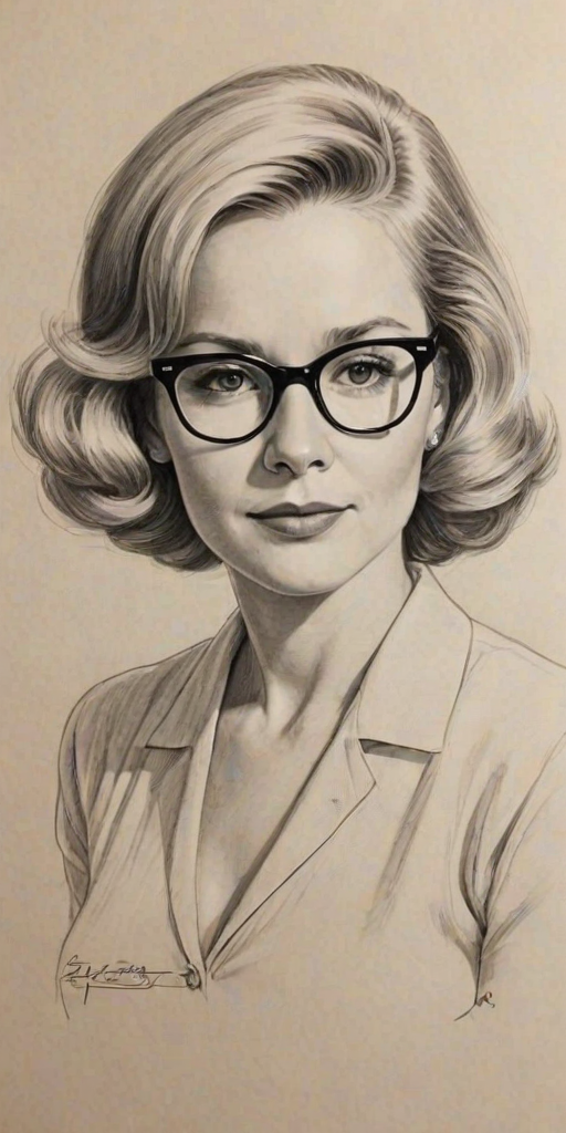 Lovely Eve Plumb, pencil sketch, portrait of Charming woman 1950s in glasses, hair style beatnik, outline, clear lines, fine lines, 8k
