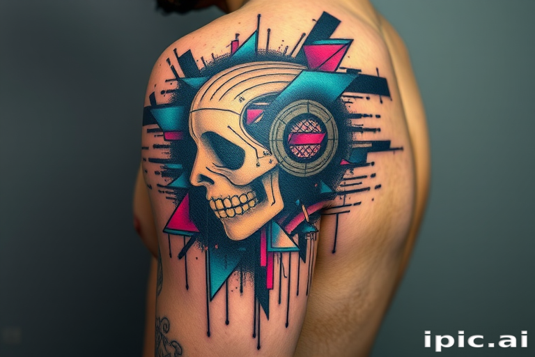Avant-garde glitch tattoo incorporating digital distortion effects and pixelated elements, merging traditional and contemporary aesthetics, unique and cutting-edge artistic concept