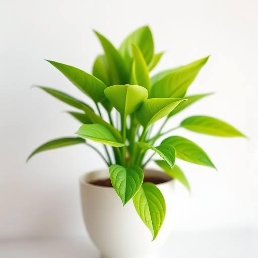 Create a highly detailed digital illustration of a potted plant with vibrant green leaves, using a 50mm lens at f/2.8, ISO 100, with a shallow depth of field, shot from an eye-level perspective, in a contemporary style, simulating a high-resolution DSLR camera.