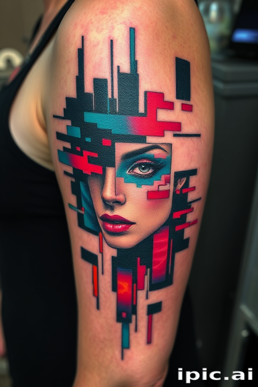 Glitch art inspired tattoo named "Digital Distortion" depicting a fragmented and distorted image with pixelated elements and color shifts to create a unique technological aesthetic