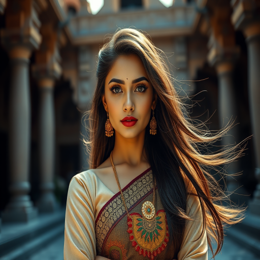 Create a highly detailed portrait of a confident woman in traditional attire, with long flowing hair and a captivating pose, set against a stunning architectural background, using a Canon EOS R5 with a 50mm f/1.2 lens, aperture set to f/1.8 for a shallow depth of field, ISO 100 for crisp detail, natural diffuse lighting for a warm glow, shooting at eye level for an intimate perspective.