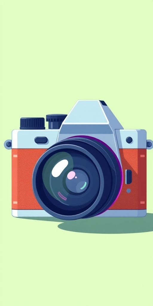 Create a high-resolution digital illustration of a colorful cartoon camera with a large lens, set against a light green background, using a flat design style, captured with a virtual camera type at 50mm focal length, f/8 aperture, ISO 100, and a slight vignette effect for depth.