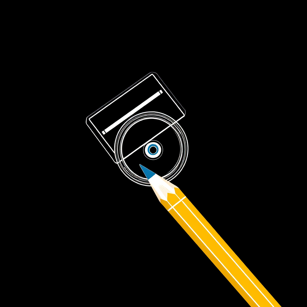 stylized illustration of a pencil sharpener and a pencil, black background, high contrast, sharp lines, even lighting, DSLR camera, f/2.8 aperture, 50mm lens, ISO 100, 1/200 sec shutter speed, top-down view