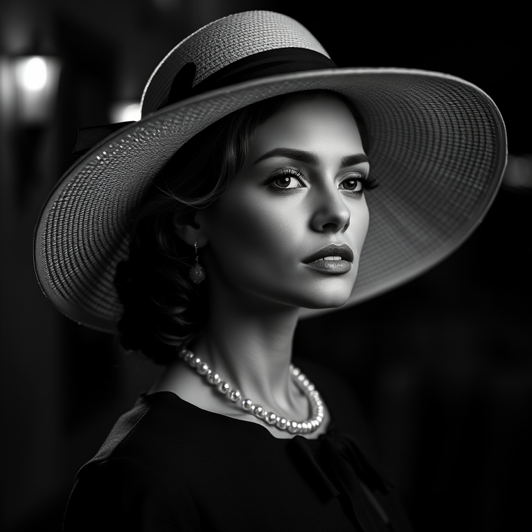portrait of a woman in a wide-brimmed hat and elegant attire, dramatic lighting with strong contrasts in black and white, 85mm lens, f/1.8 aperture, ISO 100, soft focus background, shot in RAW format with a digital full-frame camera