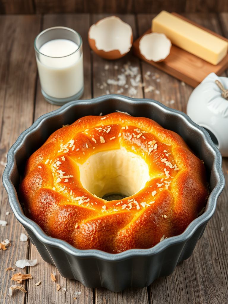 A delicious cake in a bundt pan with a golden brown top and a creamy white layer, surrounded by toasted coconut flakes, placed on a rustic wooden table with a glass of milk, a stick of butter, and broken egg shells in the background.
