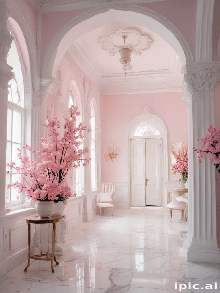 A Serene and Elegant Pink Floral Entrance Hallway with Marble Flooring