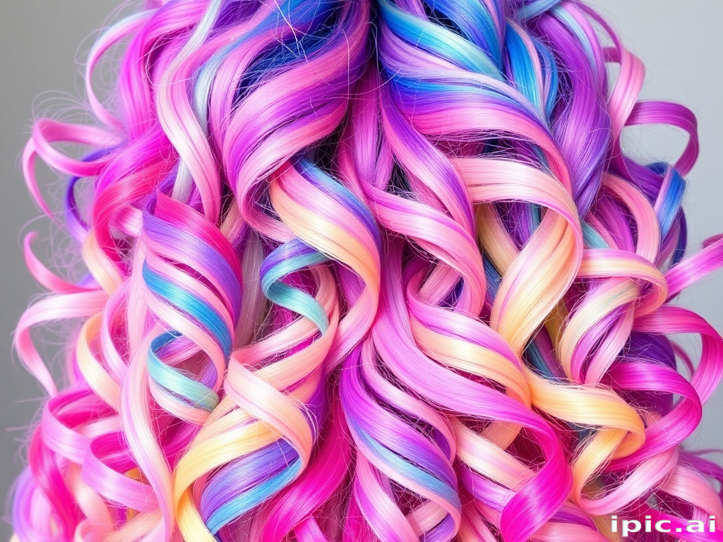 Vibrant rainbow unicorn hair featuring an array of pastel hues blended seamlessly, styled in bouncy spiral curls for a whimsical and playful appearance