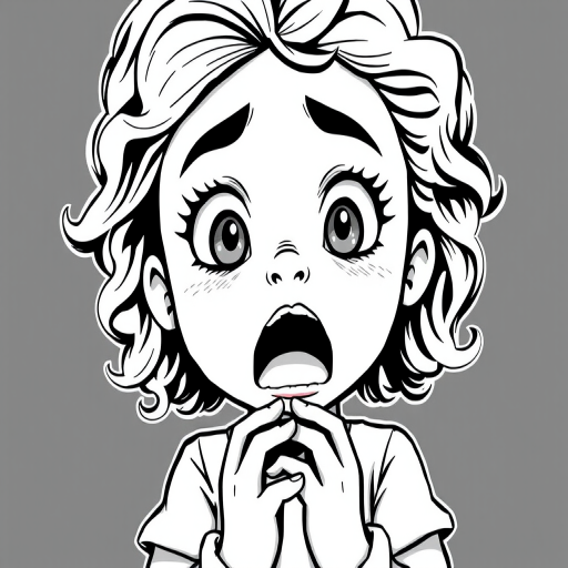 The image is a black and white illustration of a young girl with curly hair. She has a surprised expression on her face with her mouth open and her hands clasped together in front of her chest. Her eyes are wide and her eyebrows are furrowed. Her hair is styled in loose curls that are cascading down her back. The overall mood of the image is one of shock or surprise.