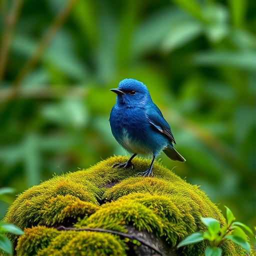 Close-up of a vibrant blue bird perched on a mossy log surrounded by lush green foliage, shallow depth of field, ISO 400, f/2.8, 1/1000 sec, 85mm lens, taken with a DSLR camera.