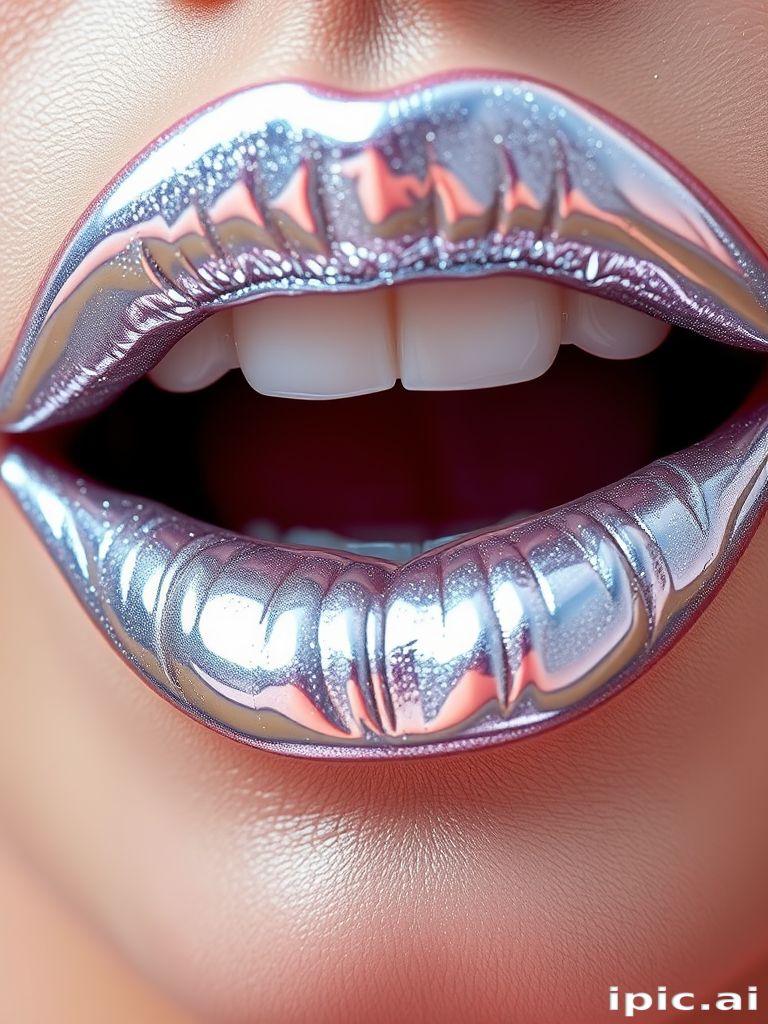 Holographic silver lips with a chrome effect, called "Stardust Shimmer," feature a futuristic, reflective surface and dimensional shine for an eye-catching look