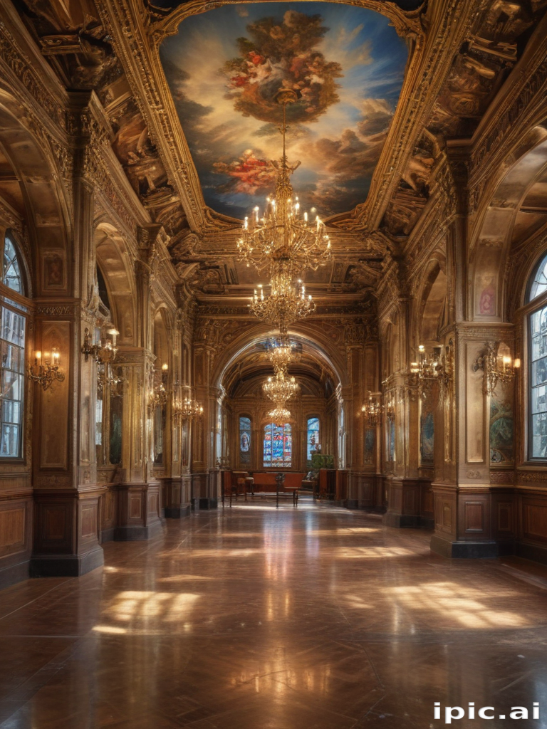 Elegant Grand Hall with Ornate Ceiling and Sparkling Chandeliers ...